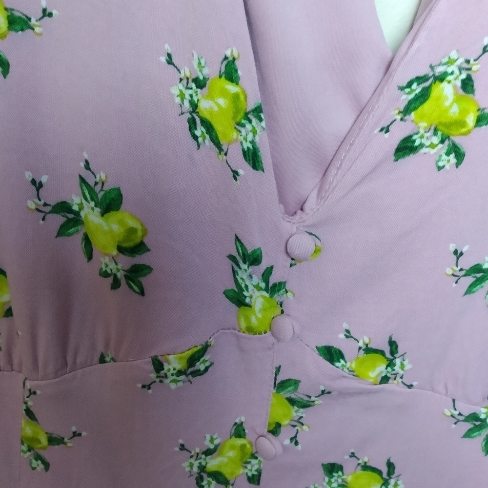 Torrid Purple Short Sleeve V Neck Lemon Print Midi Button Front Dress Size 1 1X - Picture 9 of 13